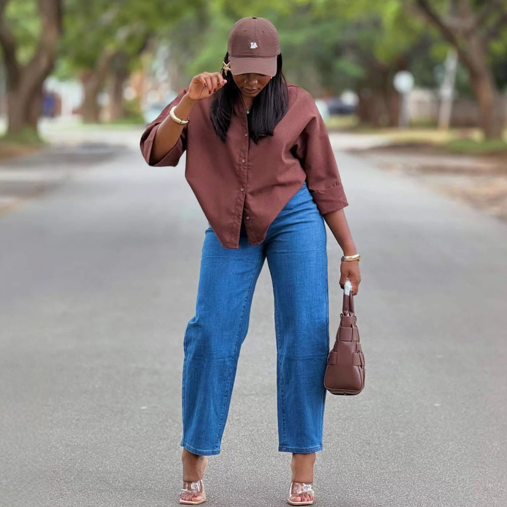 European and american cross-border women's fashion:  summer new arrival - elegant casual solid color turn-down collar loose fit designer shirt top for women