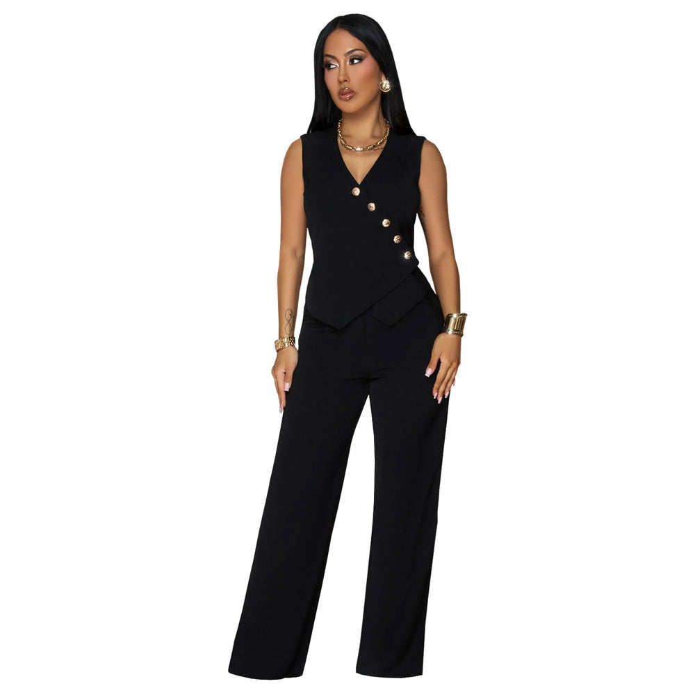 C7496 cross-border   fashion women's casual sleeveless v-neck top and pants two-piece set - new