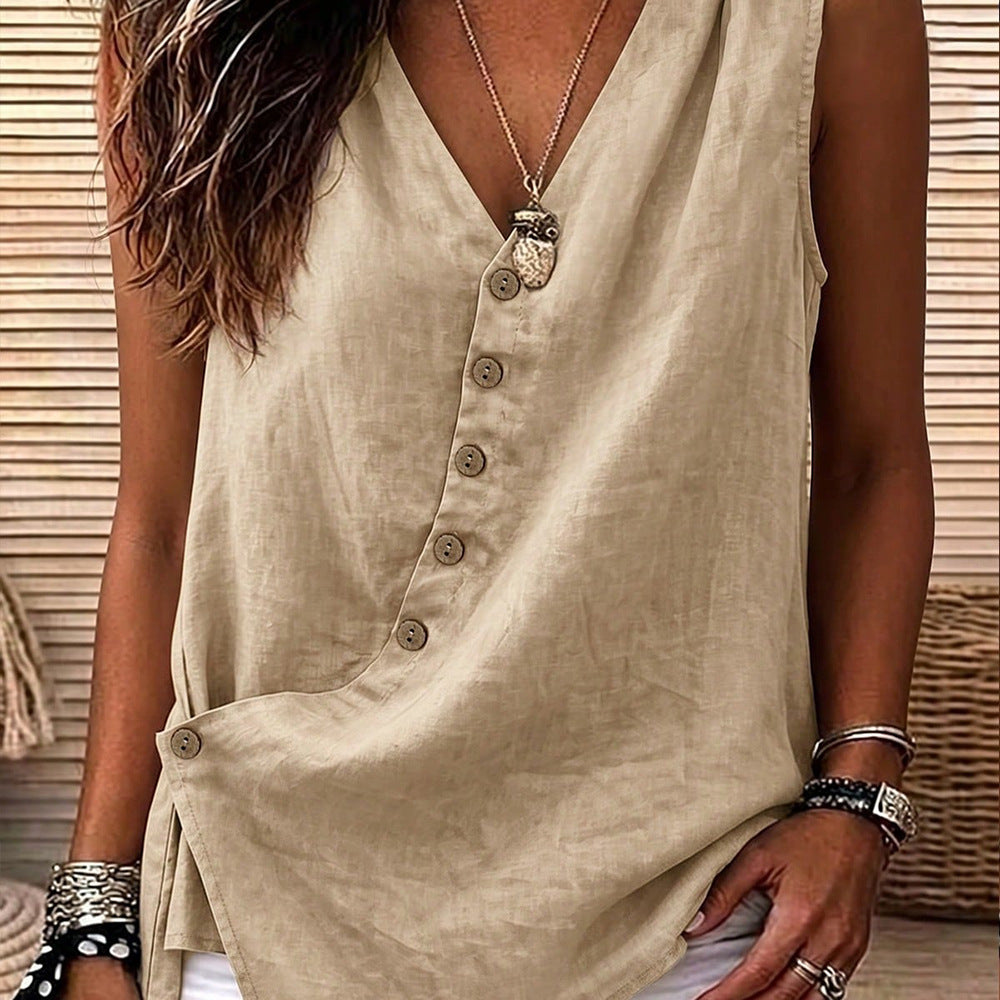 Casualv neck diagonal buckle loose linen vest casual side slit vacation comfy basics women's clothing 1688 supply