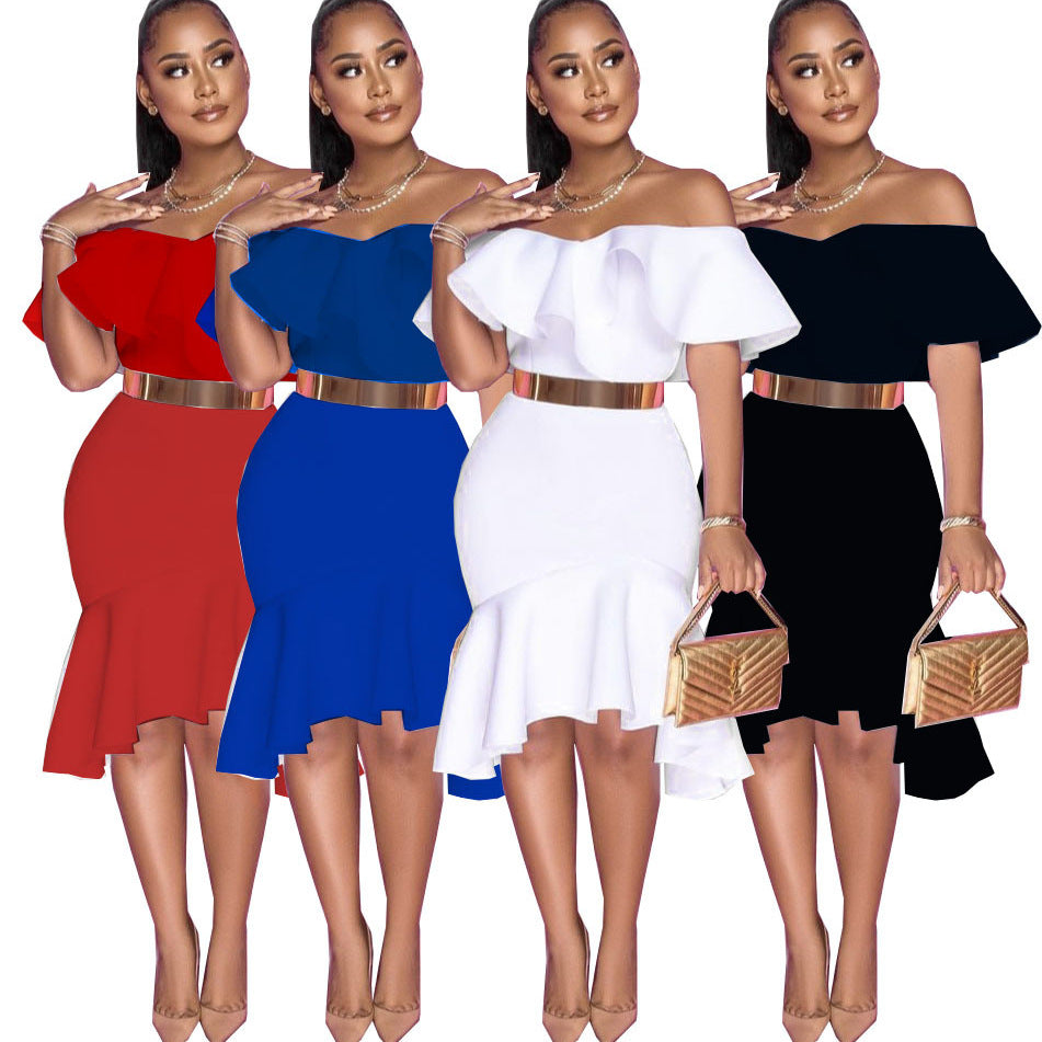supply of african women's clothing pure color off-shoulder pattern fashion style grids waist bag hip v neck short-sleeved evening dress special price