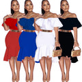 supply of african women's clothing pure color off-shoulder pattern fashion style grids waist bag hip v neck short-sleeved evening dress special price