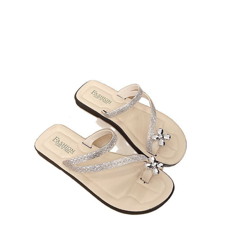 2025 summer new fashion design silver thong sandals women's outdoor wear sparkling rhinestone fairy style with skirt sandals