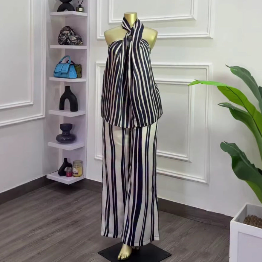 European and american cross-border women's fashion:  summer new collection - striped halter neck sleeveless top & wide leg pants casual set