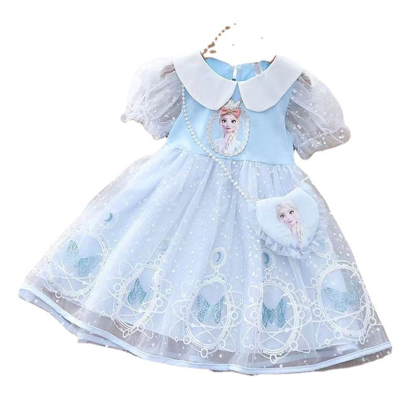 Girls' elsa princess dress,  summer collection, kids' frozen-inspired chic mesh dress, baby short-sleeve dress