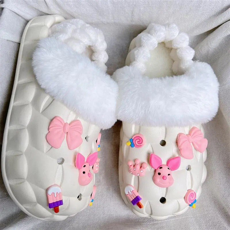 2025 cotton slippers - removable & washable, women's winter home & outdoor wear, thick sole, closed heel, fleece-lined, cartoon design, warm & cozy