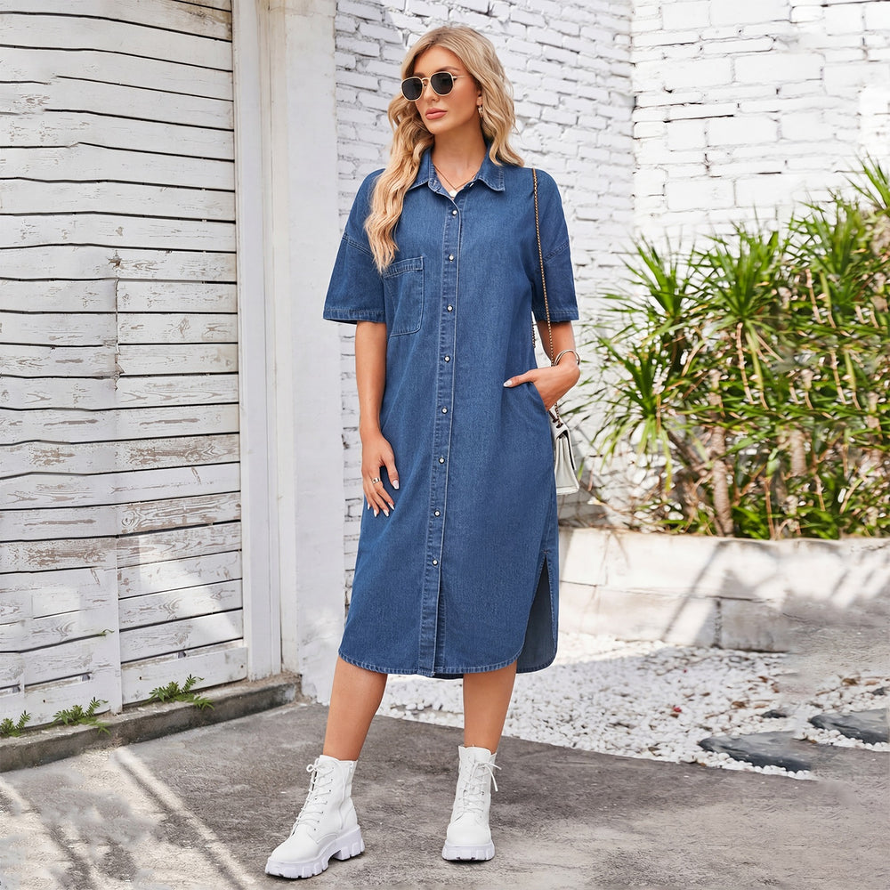 European and american cross-border women's spring new arrivals:  independent site washed loose denim short-sleeve maxi dress