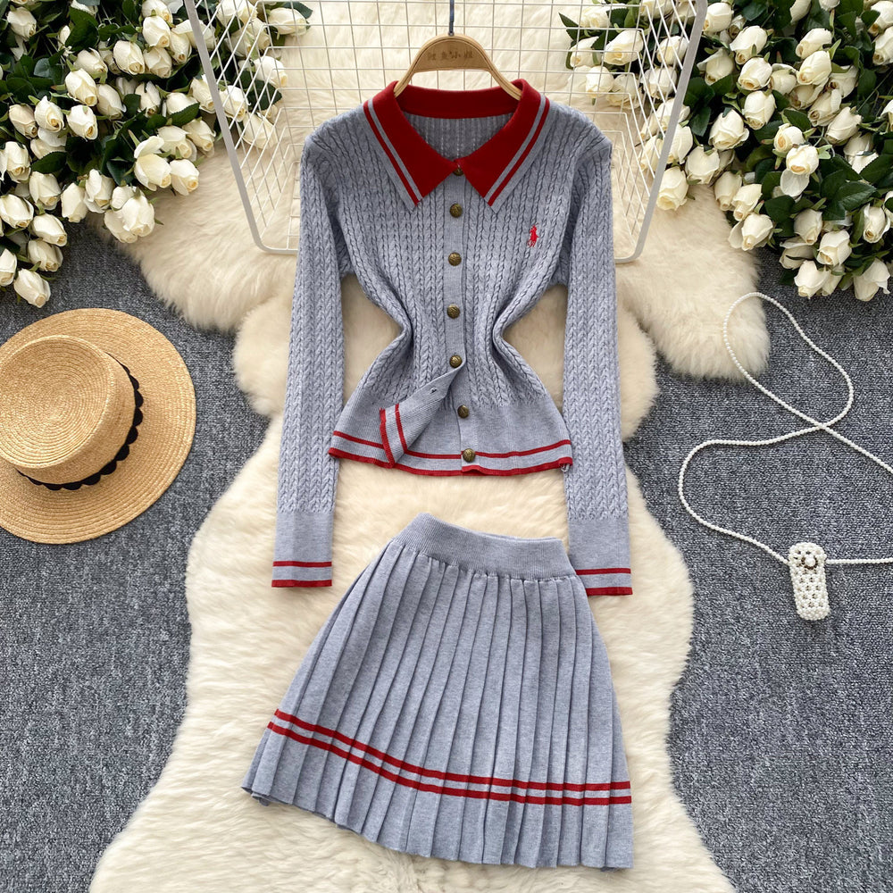 Preppy style small spur embroiderpolo collar long sleevesknittingcardigan women's autumtwo-piece setsweaterhigh waistpleated short skirt