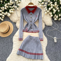 Preppy style small spur embroiderpolo collar long sleevesknittingcardigan women's autumtwo-piece setsweaterhigh waistpleated short skirt