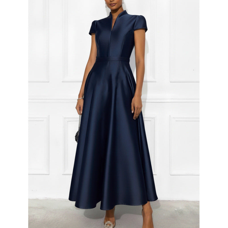 European and american cross-border new arrival: solid color knitted satin short-sleeve a-line dress with cinched waist