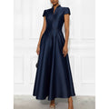 European and american cross-border new arrival: solid color knitted satin short-sleeve a-line dress with cinched waist