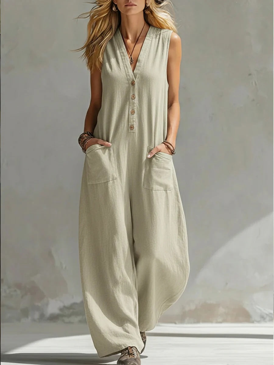 【factory direct】new spring/summer women's casual linen-cotton sleeveless jumpsuit - perfect for us & european  & independent e-commerce stores
