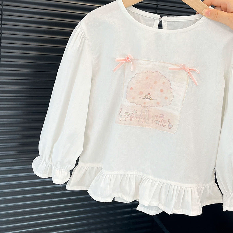 Baby girl's stylish and adorable cartoon shirt top, girls' spring and autumn wear, korean style, skin-friendly pure cotton doll shirt, trendy
