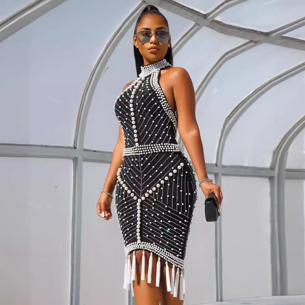 supply of fashionfashion high collar halter sleeveless hip-covering waist sexy hot diamond beaded tassel short skirt big sale