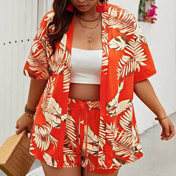 TW443 European and American  spring and summer new female  fashion print casual vacation style cardigan shorts set