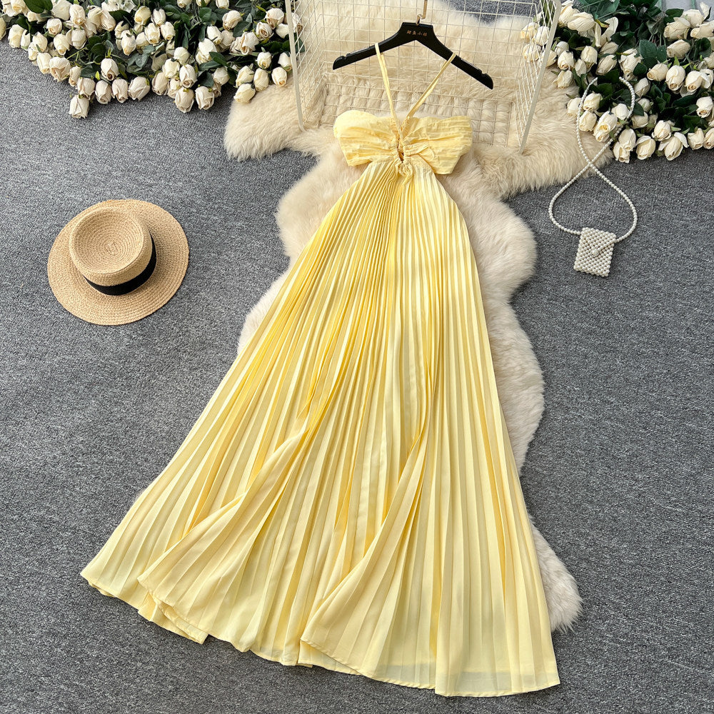 Vacation style haltercut out women's light blue dress women's summerpleated long skirt high waist waist slimming lookelegant skirt