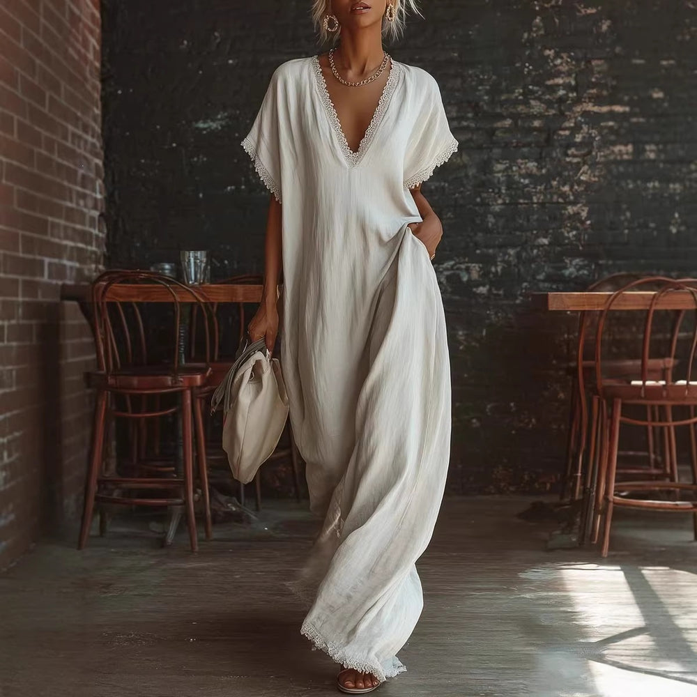spring/summer collection: independent website, , us & european market - casual, elegant, comfortable, lace-trimmed, loose-fit linen-cotton maxi dress
