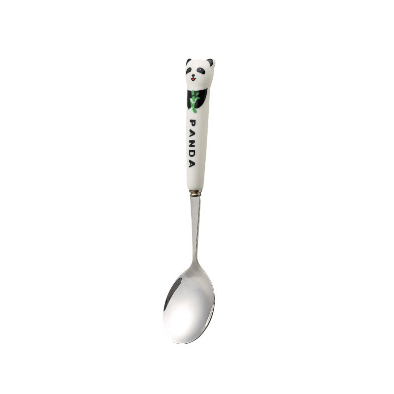 Cartoon stainless steel cutlery set: cute kids' forks with stylish ceramic handles, exquisite dessert spoons, and serving spoons