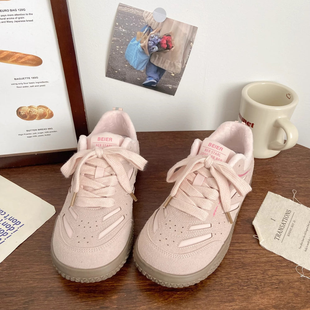 Pink fleece-lined sneakers for women, german training, winternew arrivalchicniche style ugly cute cotton shoes, student sports, two cotton white shoes