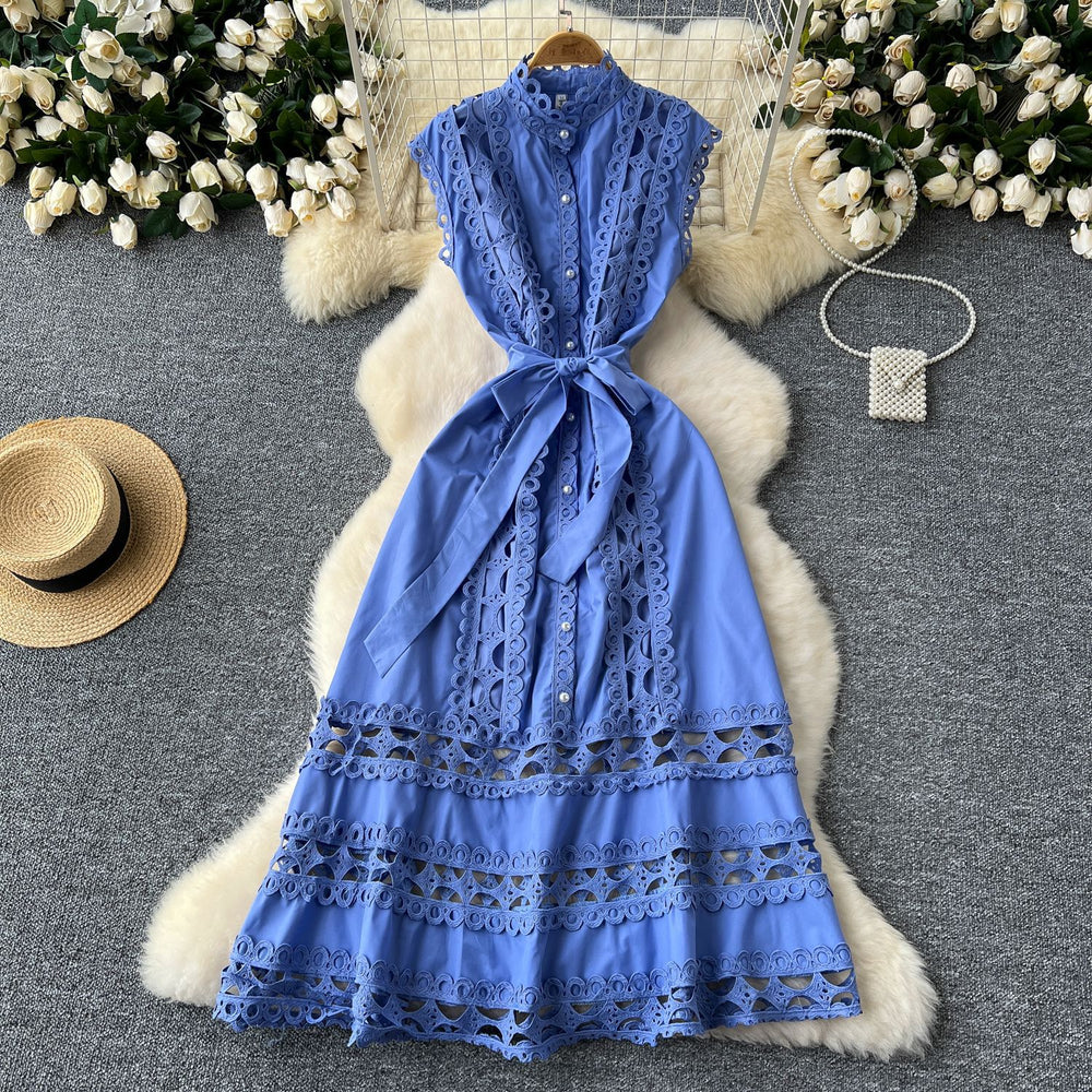 Frenchretro stand collar cut outlacepatchwork pearl single breasted waist slimming look long large swing dress for women