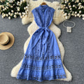 Frenchretro stand collar cut outlacepatchwork pearl single breasted waist slimming look long large swing dress for women