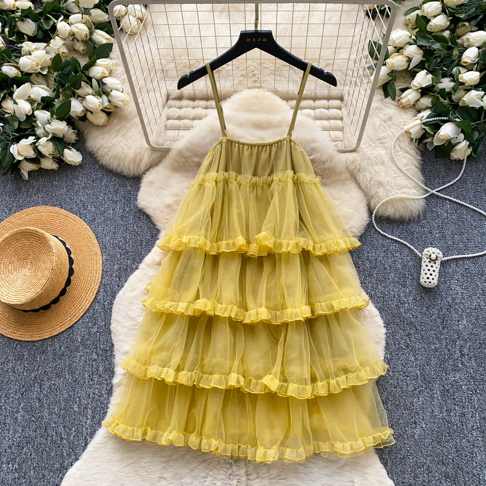Qianjinfeng cake skirt suspender dress for women summer heavy industry fungus edge multi-layered ruffles age-reducing fairy dress