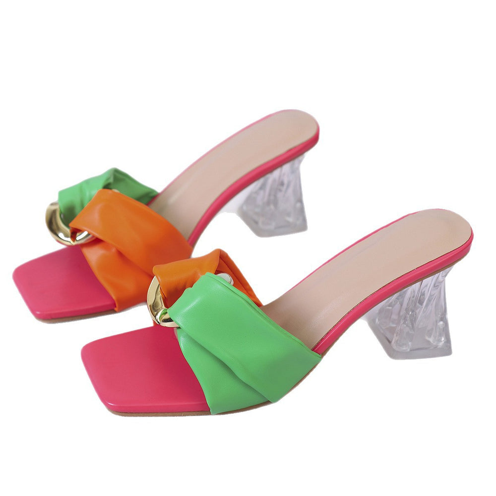 Crystal chunky heel slippers - women's  new summer collection - export fashion square toe color block thong sandals