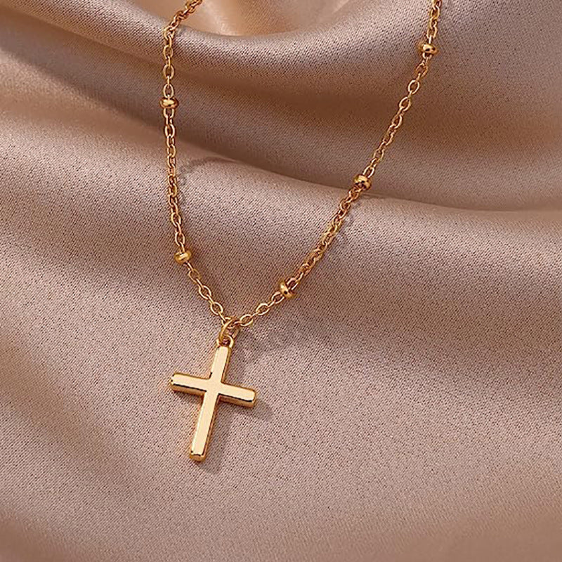 Aliexpress cross-border hot selling jewelry: 18k gold plated cross pendant necklace, fashionable minimalist beaded chain, women's short style