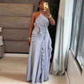 European and american cross-border women's fashion:  autumn new arrivals - sexy and elegant halter neck ruffle detail pleated design dress