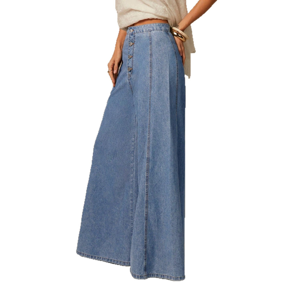 European and american style women's light blue washed single-breasted high-waisted wide-leg jeans - vintage drape, floor-length denim pants