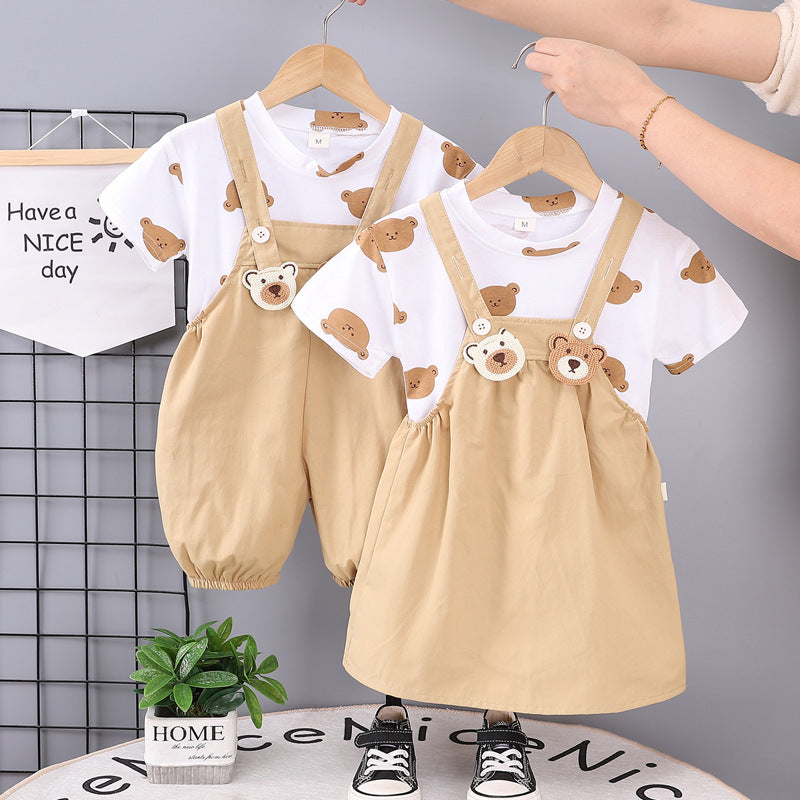 Children's summer overalls two-piece set for boys and girls, 0-5 years old, all-over print crew neck short sleeve outfit