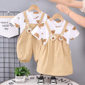 Children's summer overalls two-piece set for boys and girls, 0-5 years old, all-over print crew neck short sleeve outfit