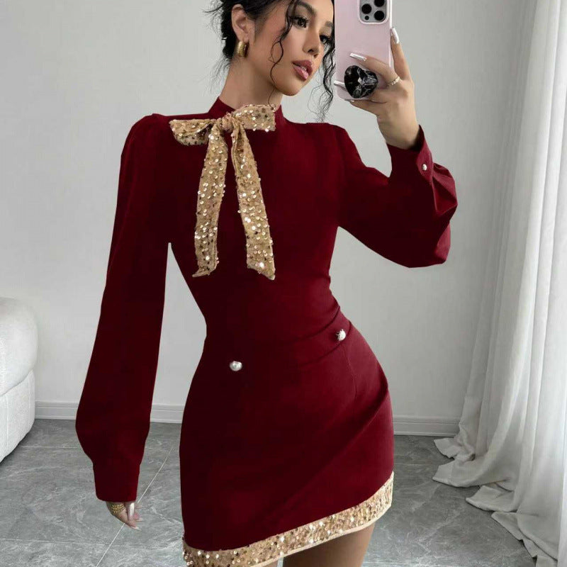 French ruffle trim heavy velvet mini dress - women's autumn/winter  retro style with gold buckle detail, slim fit