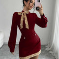 French ruffle trim heavy velvet mini dress - women's autumn/winter  retro style with gold buckle detail, slim fit