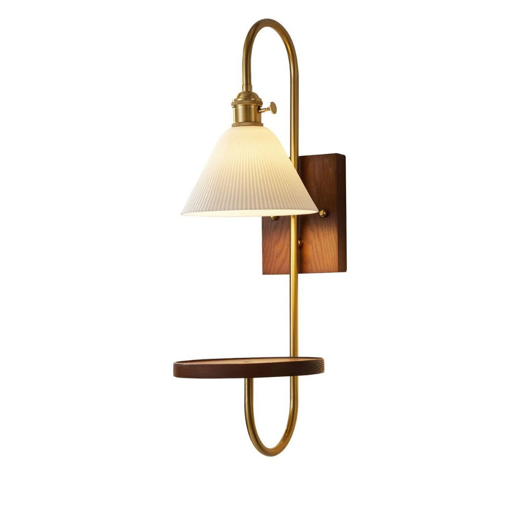 Vintage walnut wall sconce with antique brass and ceramic shelf - bedroom bedside b&b manufacturer