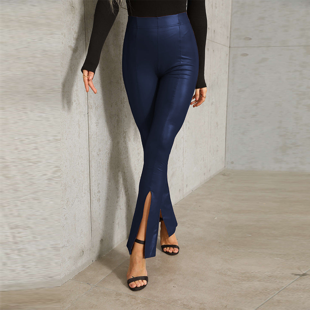 Wish  sexy pu leather pants, european and american classic high-waisted stretch flare leggings, women's slit long pants, plus size