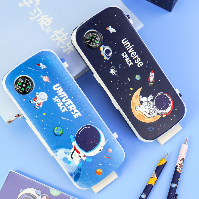 Multifunctional compass pencil case Primary school student stationery box wholesale Children's cartoon cute astronaut plastic pencil case