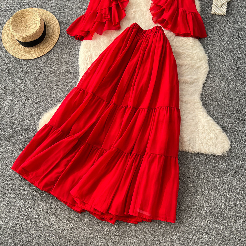 French riviera style red ruffle flare sleeve v-neck blouse and high-waisted midi skirt two-piece set - women's autumn chic