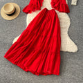 French riviera style red ruffle flare sleeve v-neck blouse and high-waisted midi skirt two-piece set - women's autumn chic