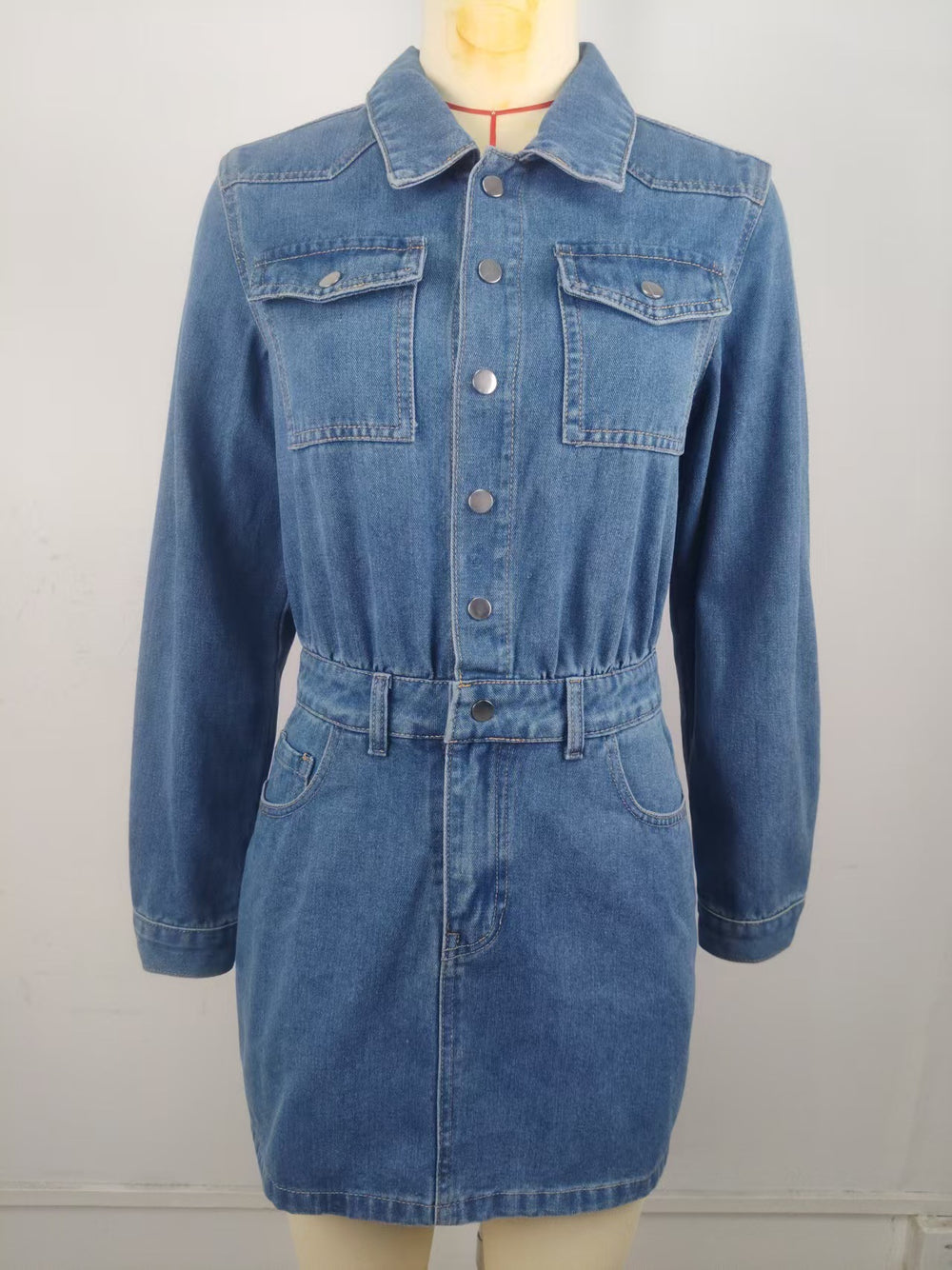 European and american cross-border e-commerce  french chic fashion long sleeve turn-down collar denim slim fit short dress for women