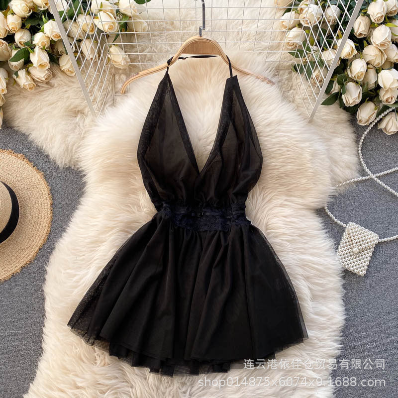 European and american style deep v sexy backless double layer mesh see-through temptation halter nightgown lingerie
