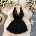 European and american style deep v sexy backless double layer mesh see-through temptation halter nightgown lingerie
