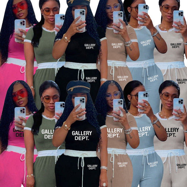 M3152D  European and American women's clothing casual street daily rib contrasting color round neck short-sleeved pants set of two pieces