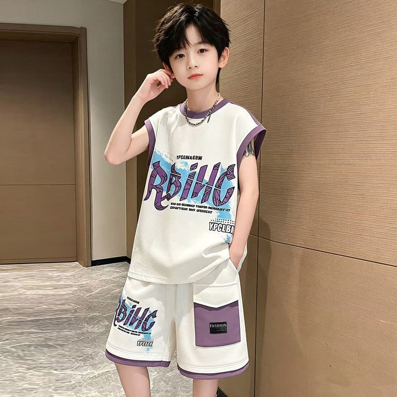Boys' summer new sleeveless tank top and shorts set - trendy & cool sportswear two-piece outfit for mid-to-large children - stylish casual summer apparel