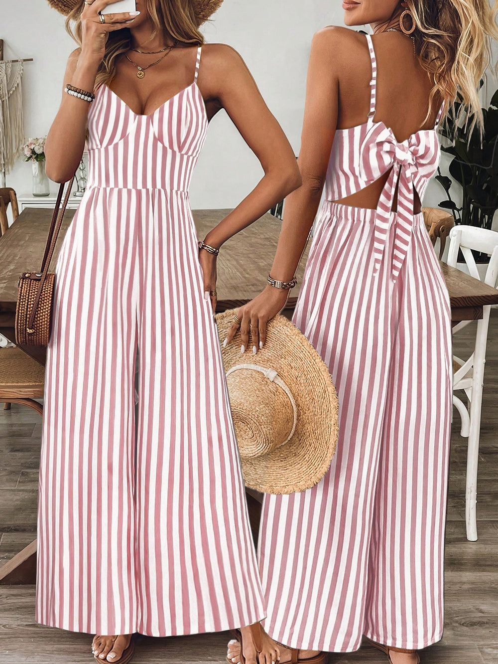 Ready-to-ship cross-border women's fashion jumpsuit: european and american style, spaghetti strap, open back, large bow detail