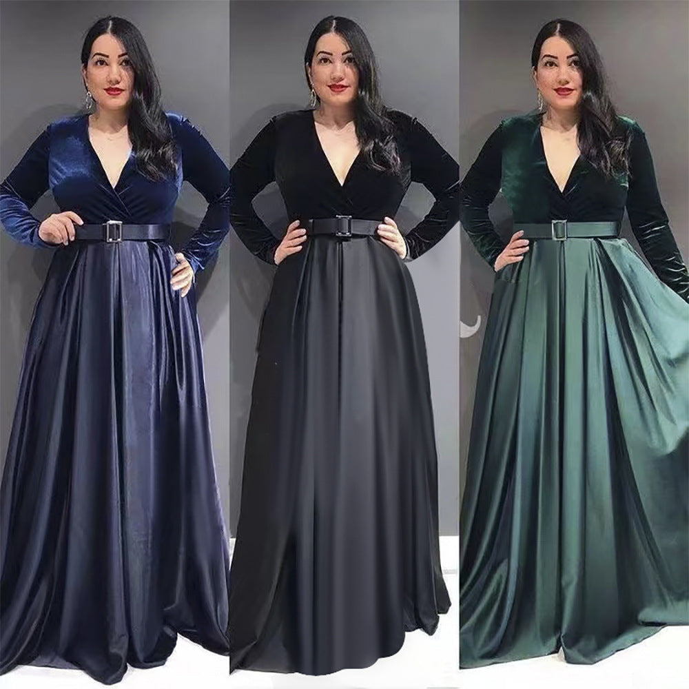 African dress women's european and american  cross-border hot style autumn and winter fashion deep v velvet long sleeve flared maxi dress * includes belt