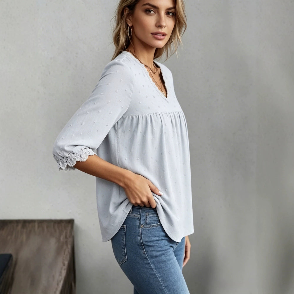 summer european and american casual women's pullover jacquard v-neck solid color blouse