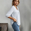 summer european and american casual women's pullover jacquard v-neck solid color blouse