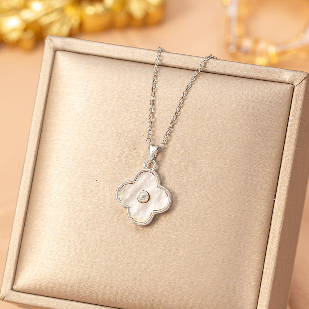 [titanium steel] cross-border popular accessible luxury simple white shell four-leaf clover necklace for women, high-end fashion clavicle chain accessories