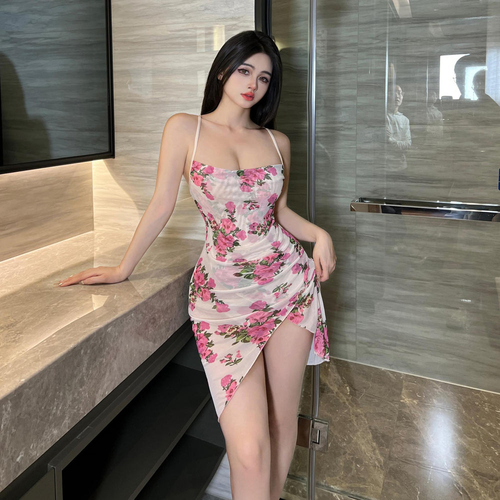 New arrivalsexyintimates mesh see-through printing suspender nightgown hot fashionplus size suspender dress thunder