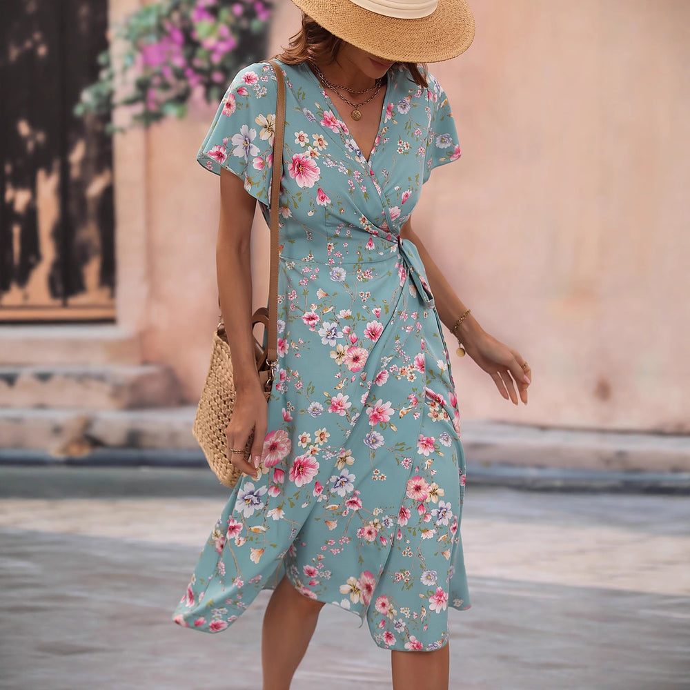 New arrival  fashion cross-border women's dress v neck waist printing summer skirt